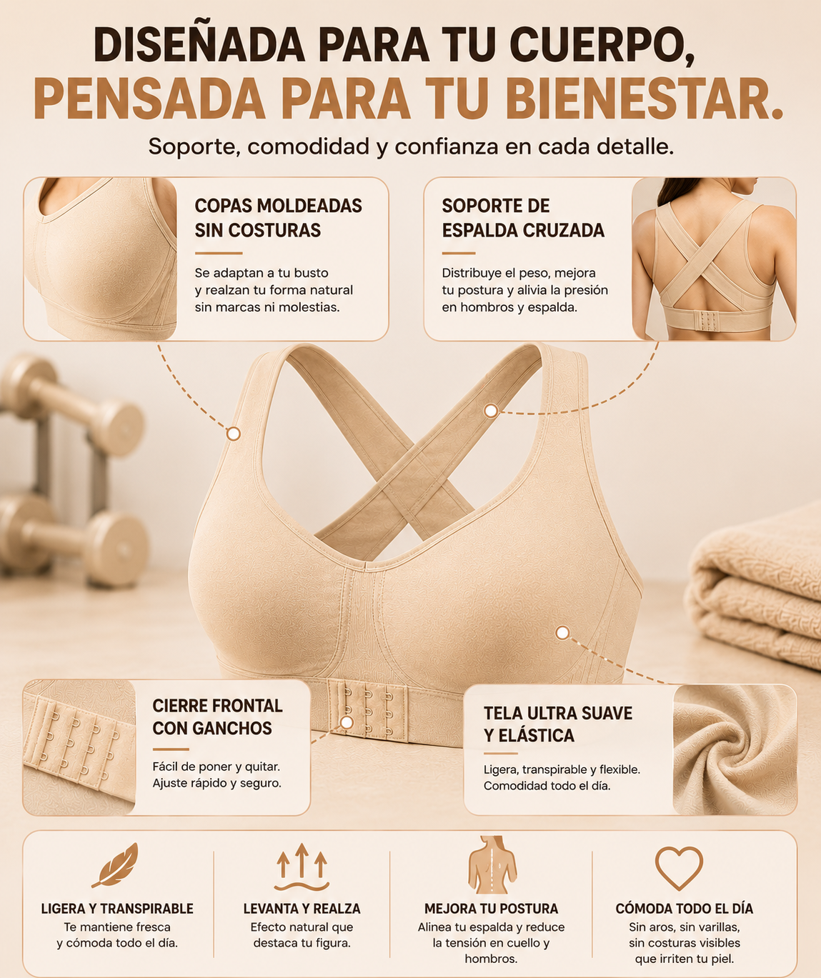 BRASIER SUJETADOR Y CORRECTOR POSTURAL - SIN COSTURAS Y LEVANTA BUSTO