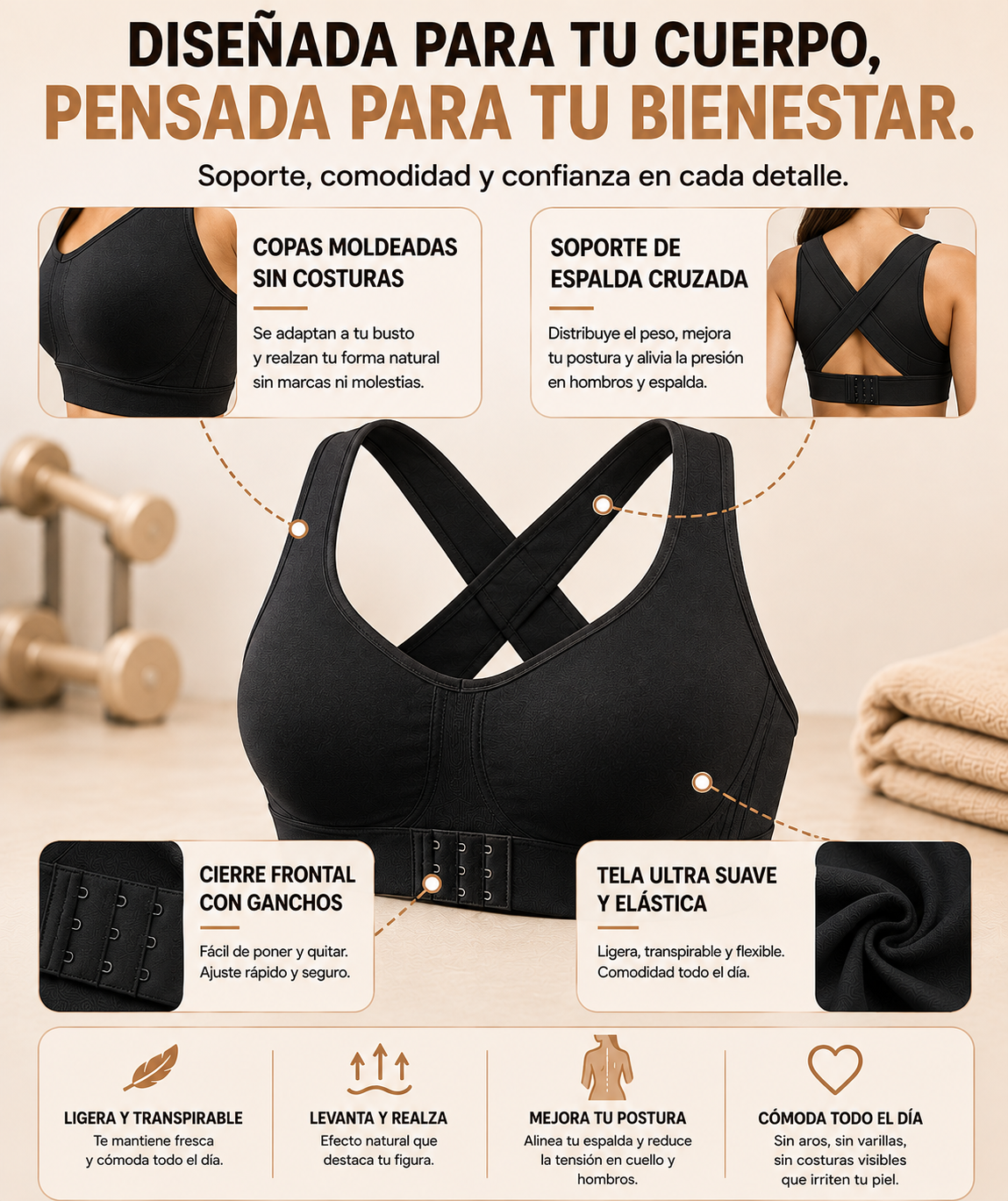 BRASIER SUJETADOR Y CORRECTOR POSTURAL - SIN COSTURAS Y LEVANTA BUSTO