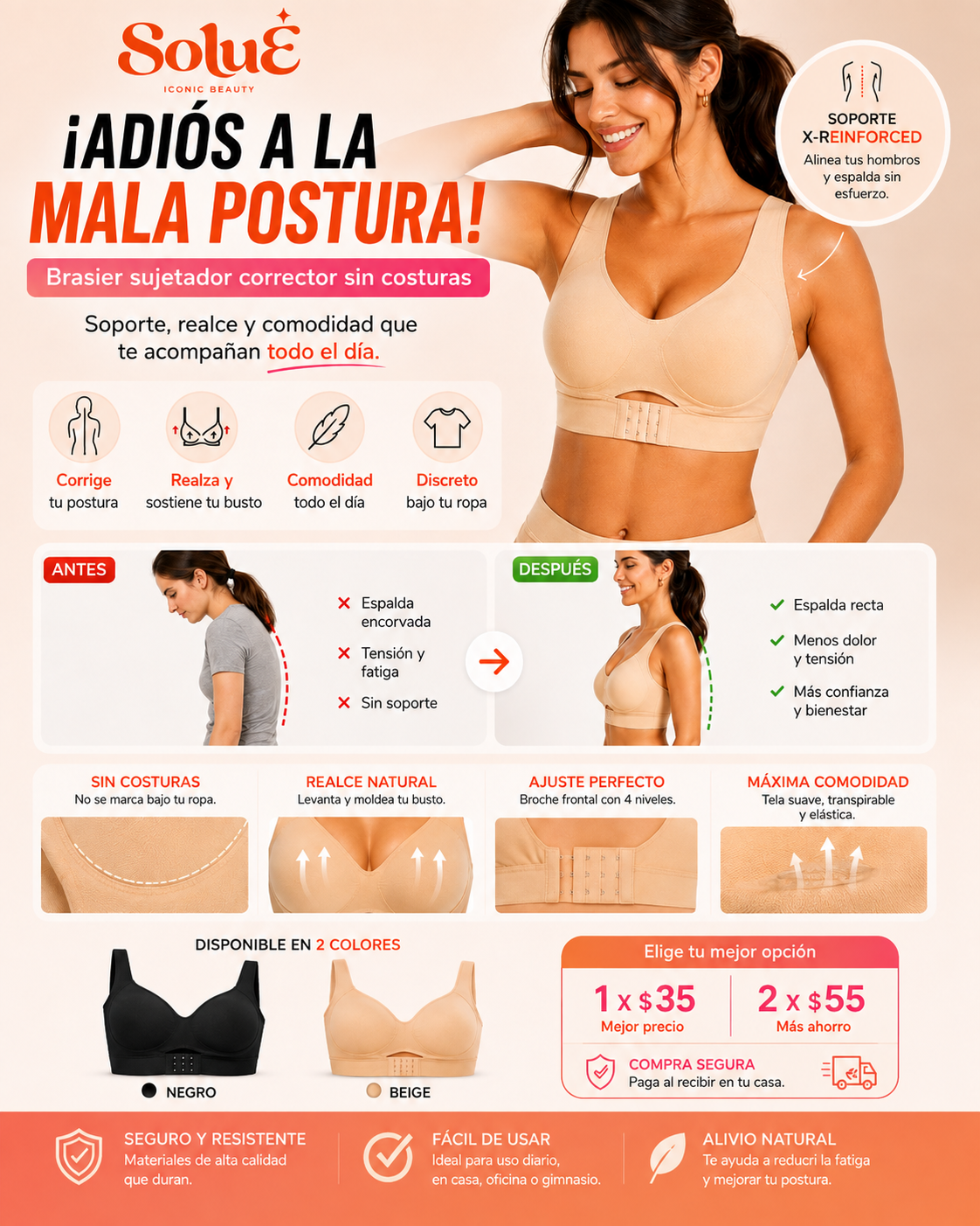BRASIER SUJETADOR Y CORRECTOR POSTURAL - SIN COSTURAS Y LEVANTA BUSTO