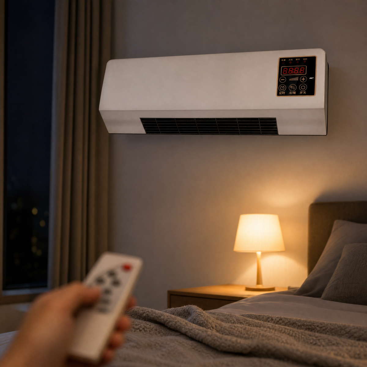 Calefactor de pared instalado en el dormitorio, manejado con control remoto