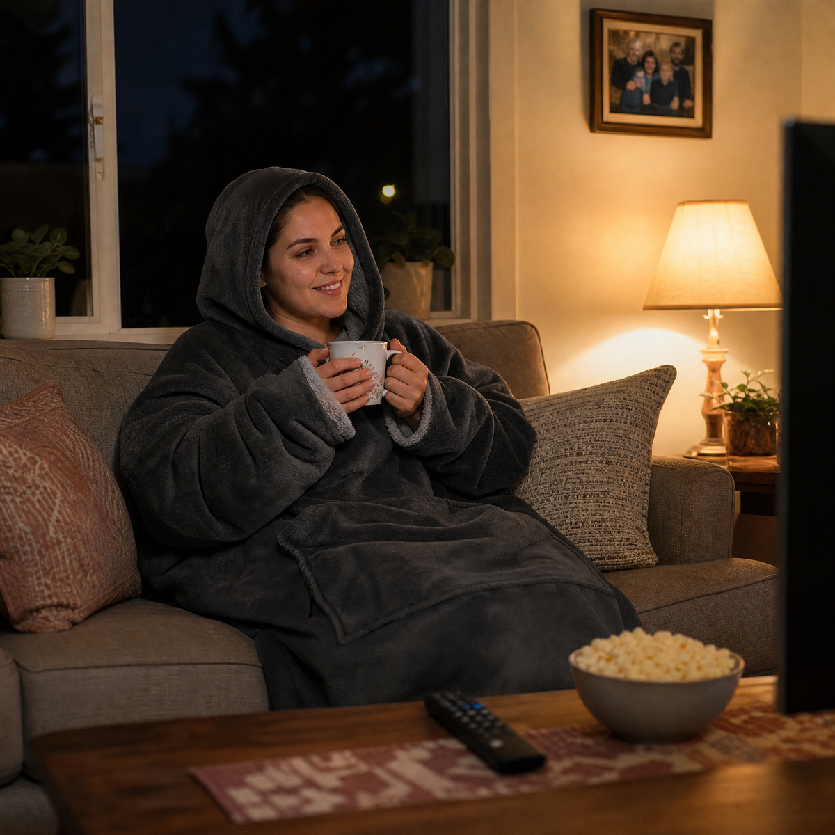 Manta con mangas y capucha sherpa puesta en el sofá de una sala de noche